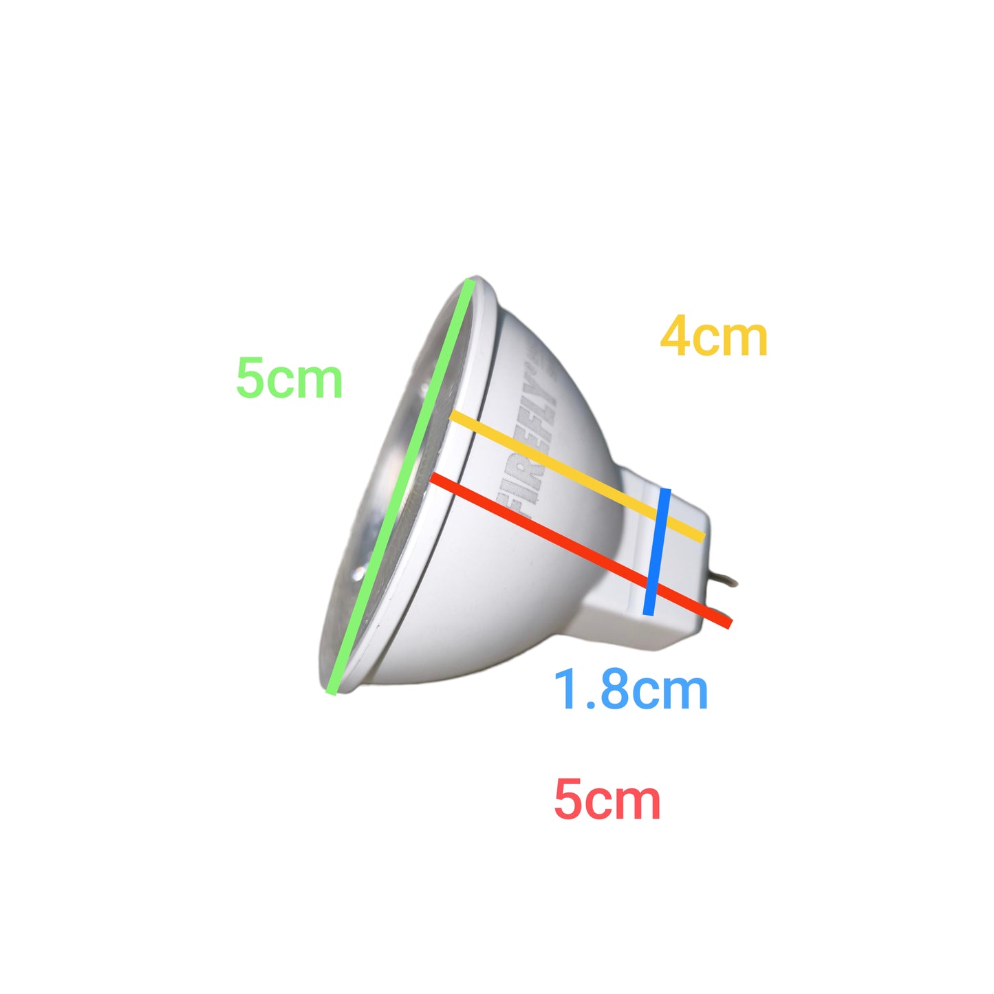 Firefly 5W MR-16 LED Daylight 6500K GU5.3 bulb side view with dimension markings showing 5cm 4cm and 1.8cm