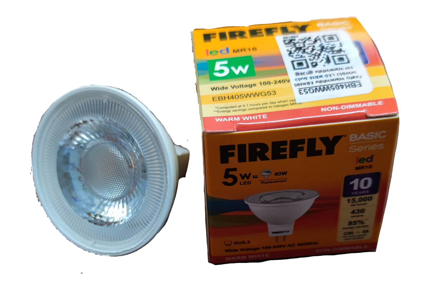 Firefly 5W MR-16 LED Warm White 3000K bulb beside product box showing bulb face and packaging details