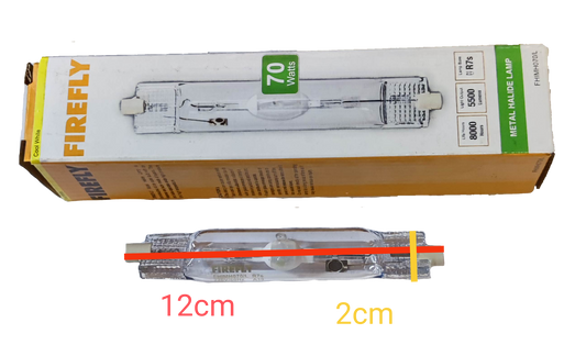 Firefly 70W metal halide lamp linear in packaging, showcasing specifications and design features