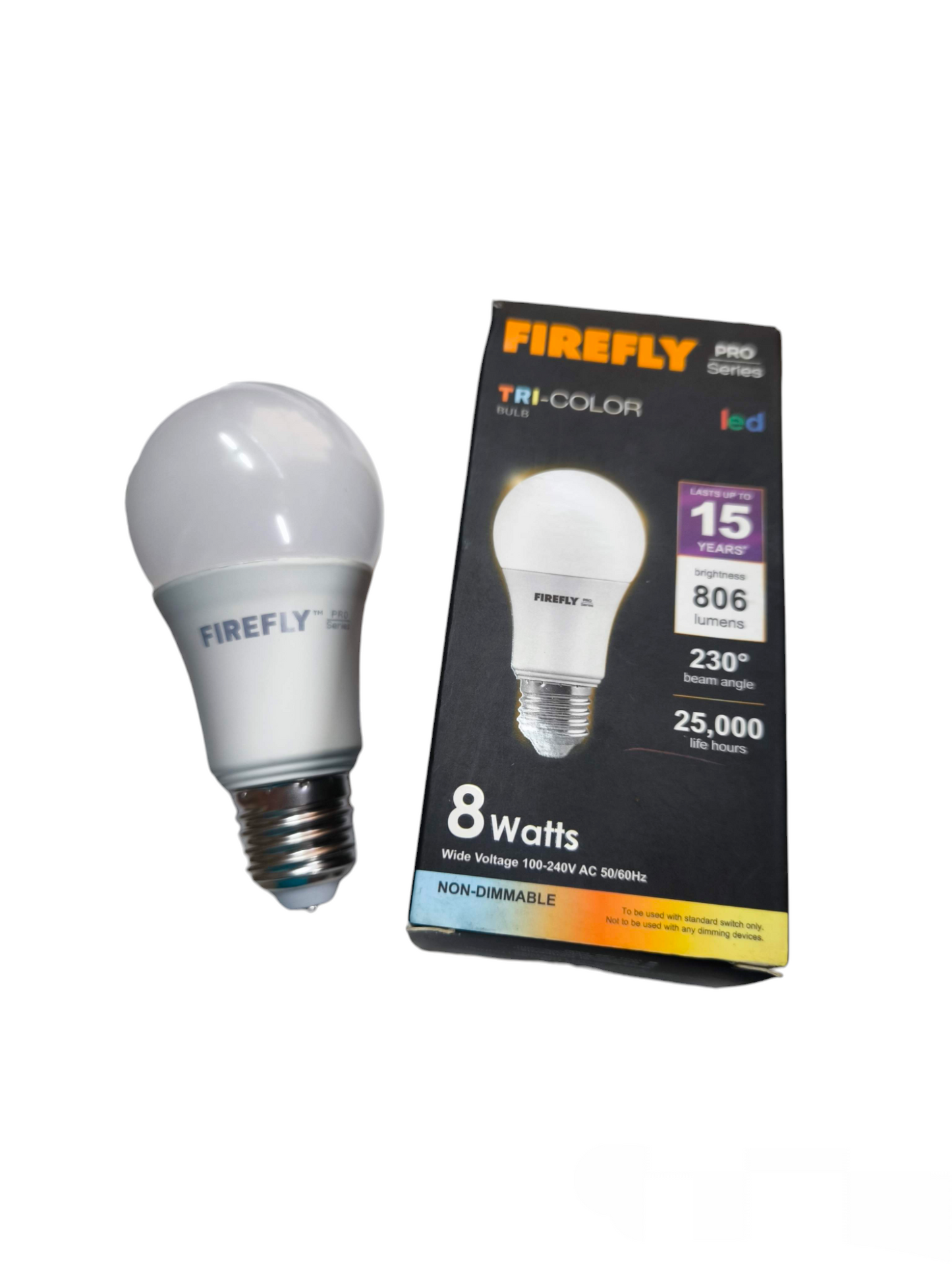 Firefly 8W tri color LED bulb with packaging showing 15 years lifespan and 806 lumens brightness