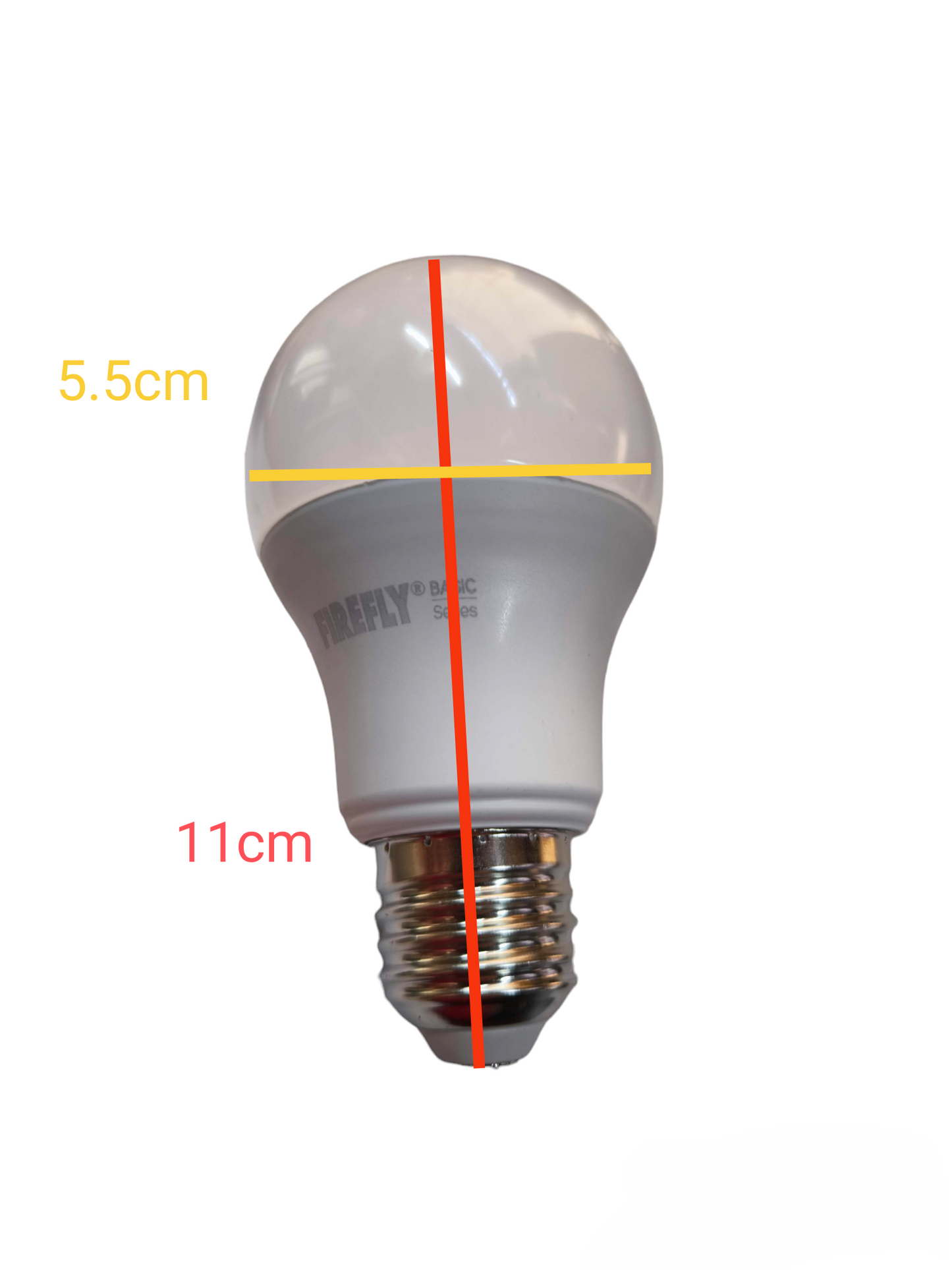 Firefly 8W tri color LED bulb with frosted top and standard screw base measuring 11 cm tall