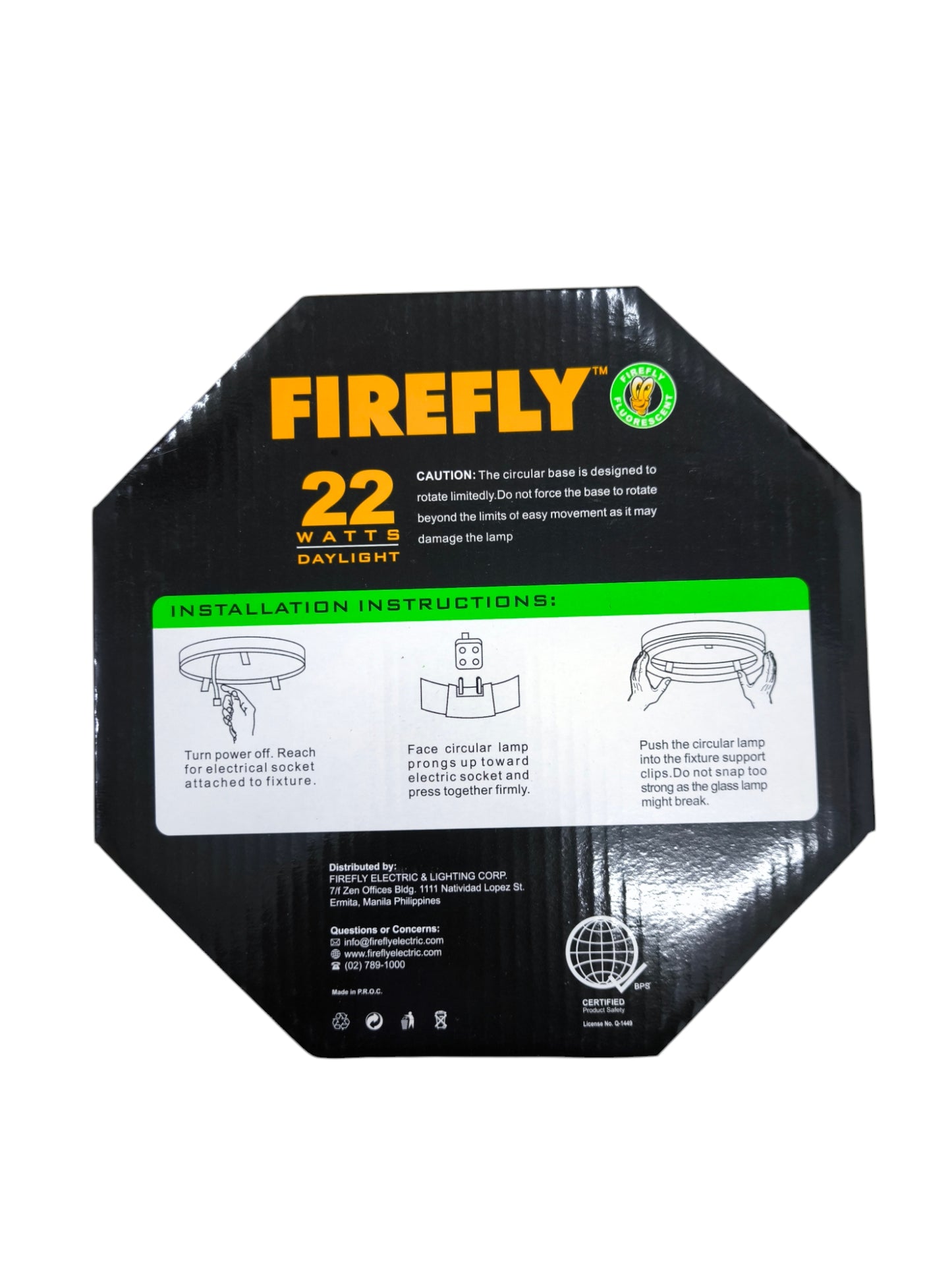 Firefly compact fluorescent bulb packaging showing logo 22W label and installation diagrams Circular Lamp 22W 6500K Daylight