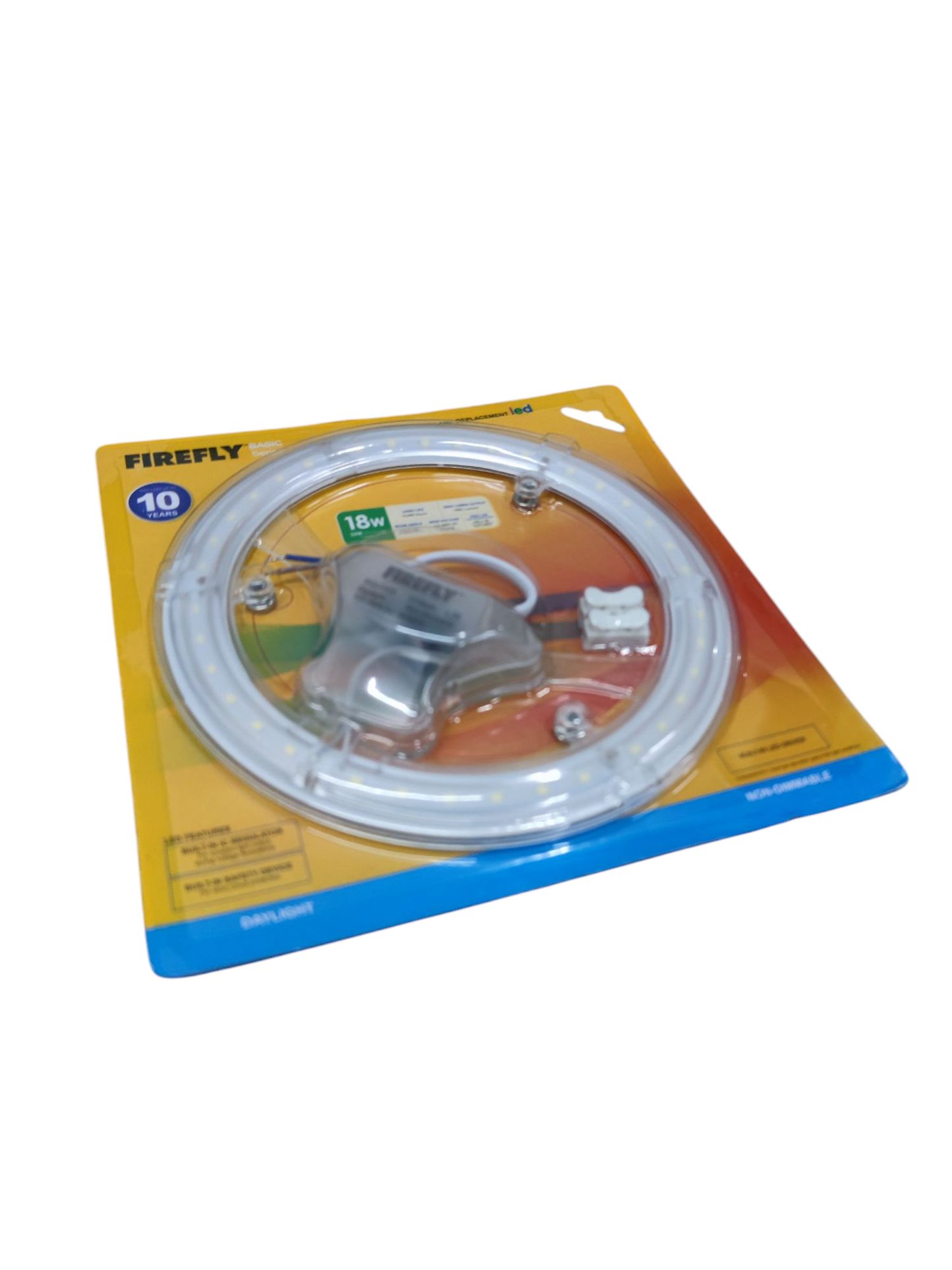 Firefly daylight circular LED replacement bulb with 18W power in clear packaging