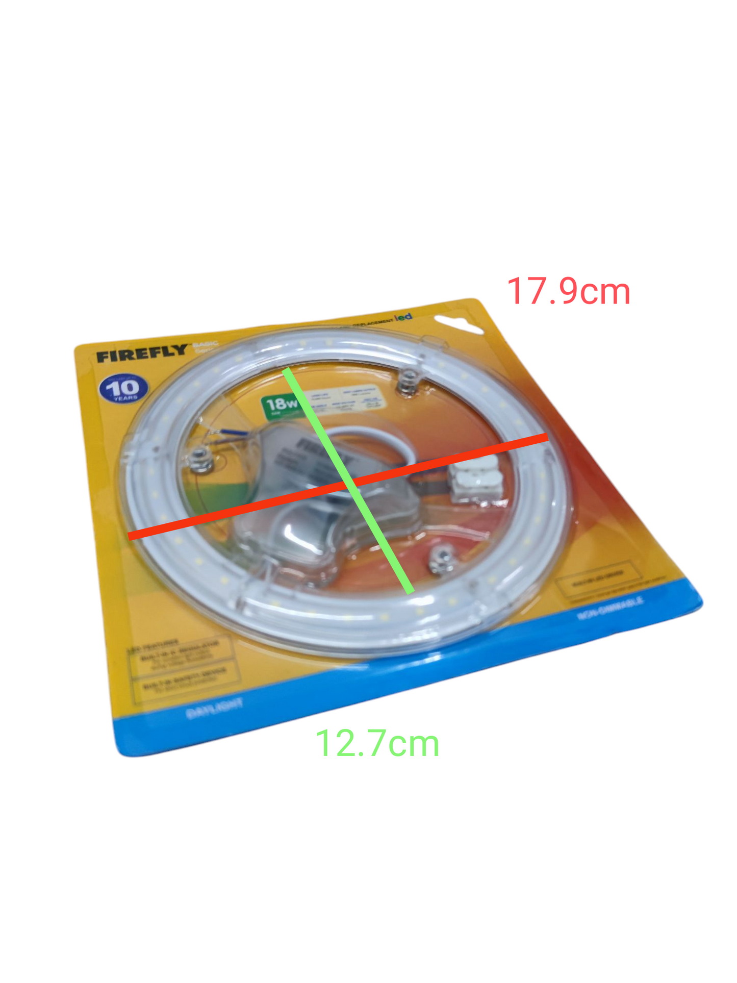 Firefly daylight circular LED replacement bulb in sealed yellow and blue packaging with measurements
