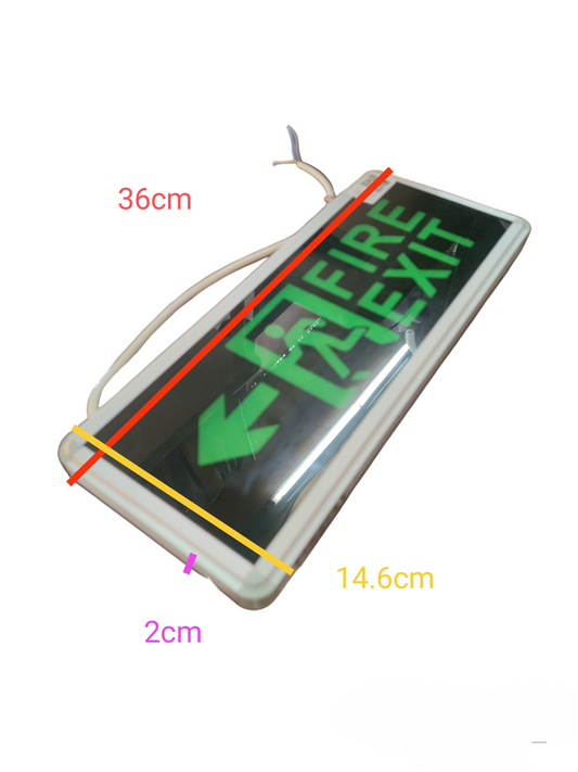 China made double face LED exit sign with fire exit symbol and green arrows measuring 36 by 14.6 centimeters