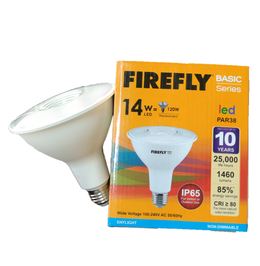 Firefly 14W LED PAR 38 E27 white PAR38 reflector bulb with box showing 1460 lumens IP65
