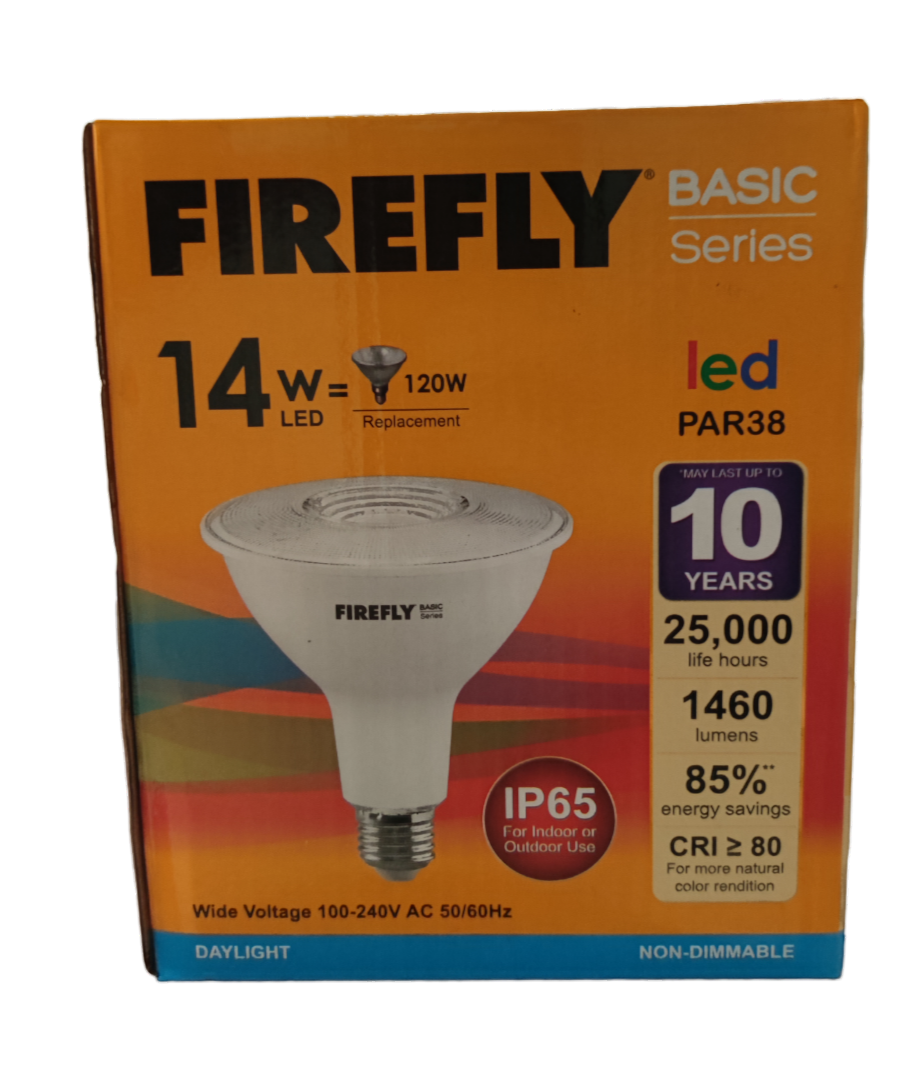 Firefly 14W LED PAR 38 E27 box showing PAR38 bulb with IP65 1460 lumens and 25000 hour life