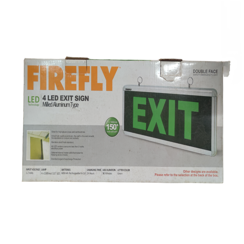 Firefly LED Exit Sign Double Face Running Man with green illuminated exit letters and milled aluminum frame