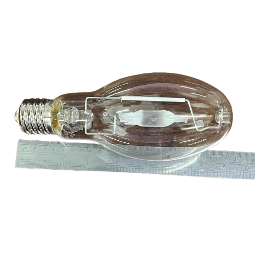 Firefly clear elliptical high intensity discharge bulb next to ruler Metal Halide Lamp Elliptical 250W