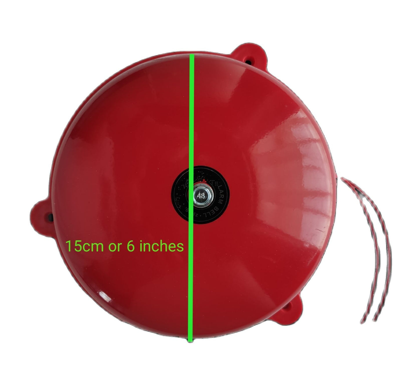 Grippes red fire alarm 6 Inches Round Bell 24V 150mm top view with mounting tabs and exposed wiring