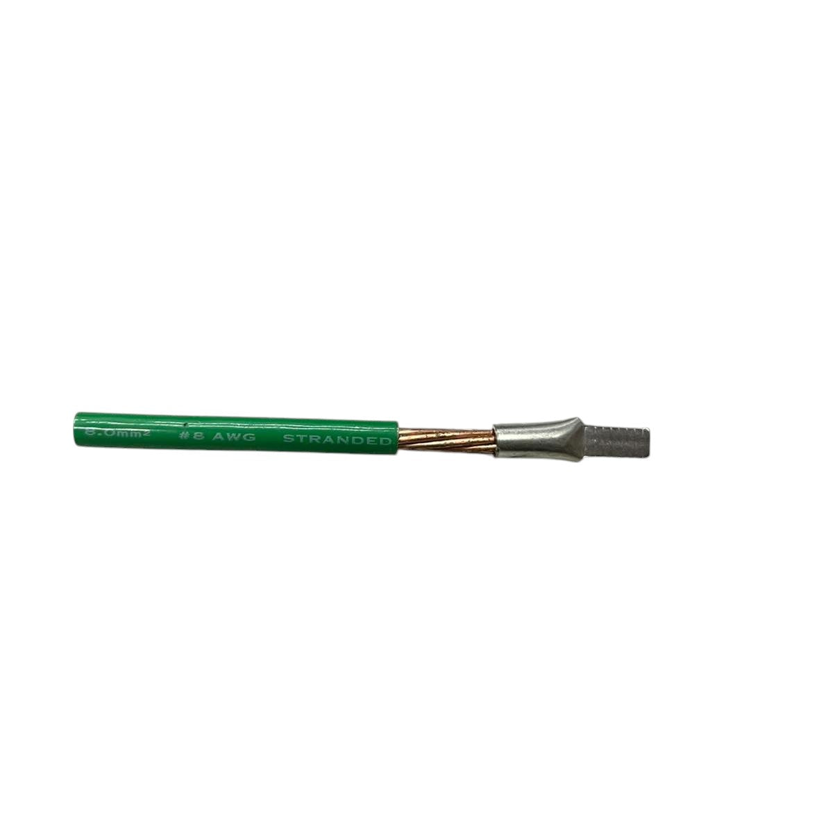 Flat Head Terminal 3.5mm to 4mm attached to green insulated electrical wire strand