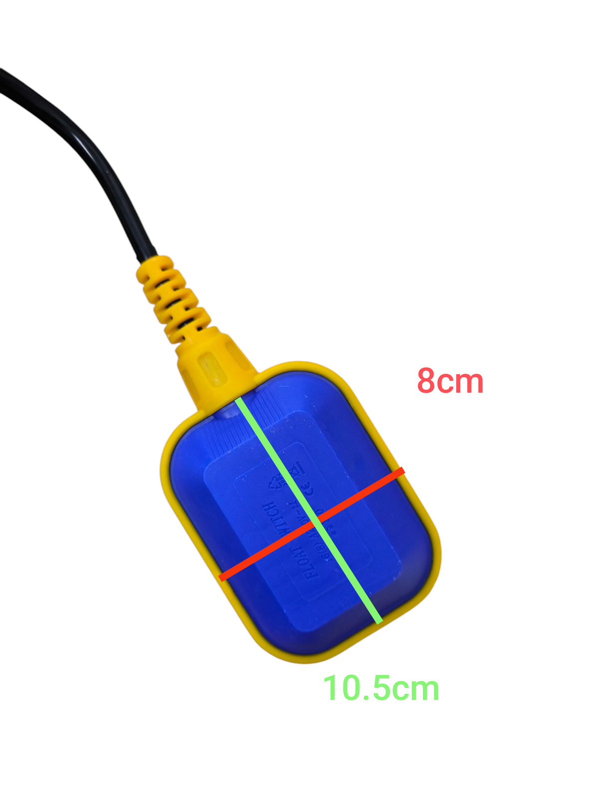 Float switch 5 meters 10A with a blue and yellow design for controlling water levels