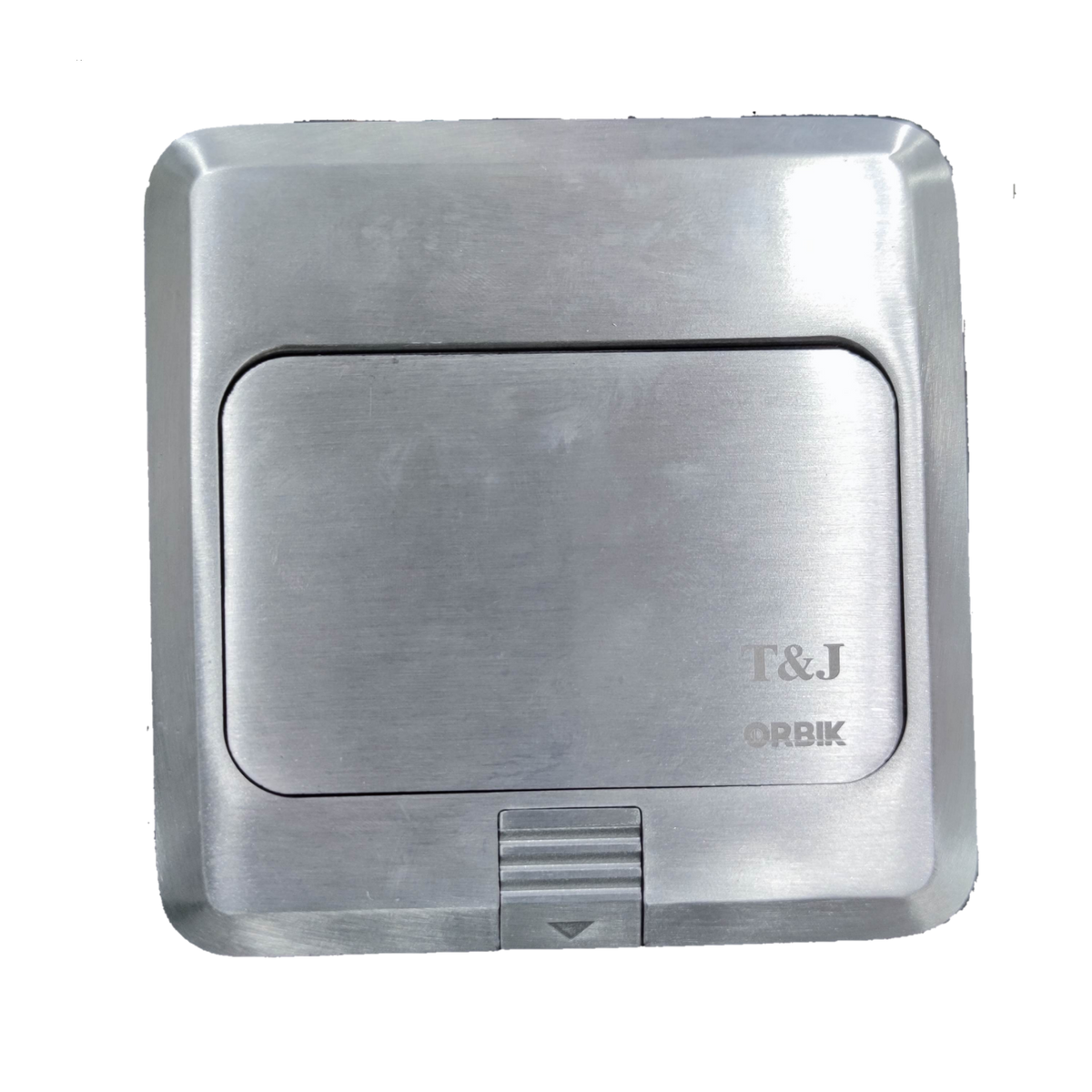 T&J Floor Outlet Pop-up 1 Gang CAT6 Outlet in brushed metal finish with compact design