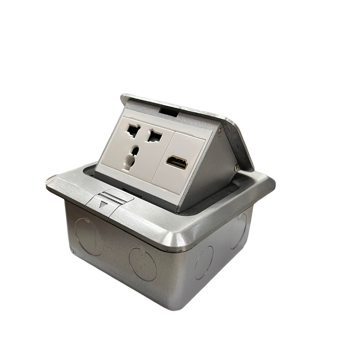 T&J Floor Outlet Universal with Ground and HDMI in silver metal casing for power and data connections