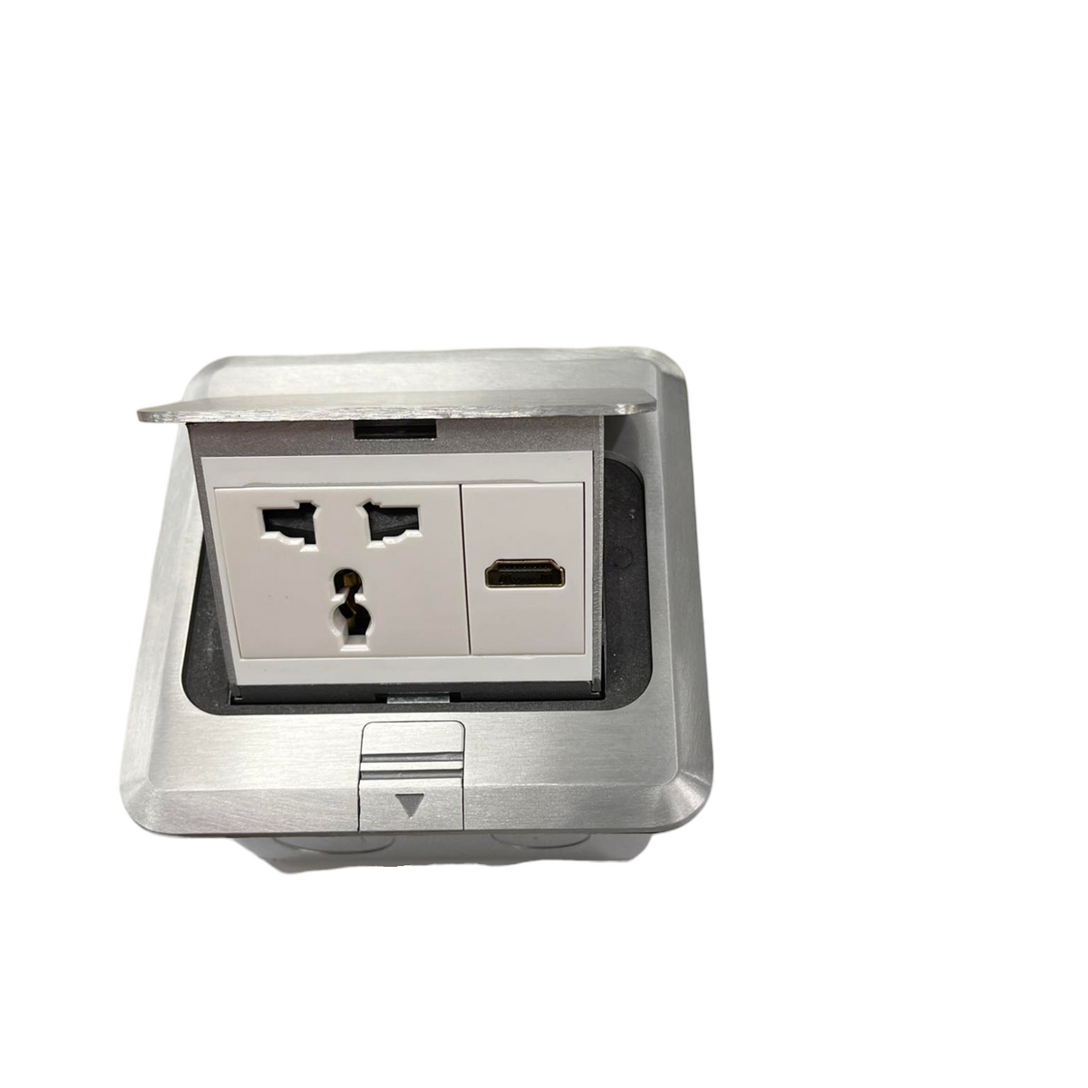 T&J Floor Outlet Universal with Ground and HDMI in a stainless steel floor mount box