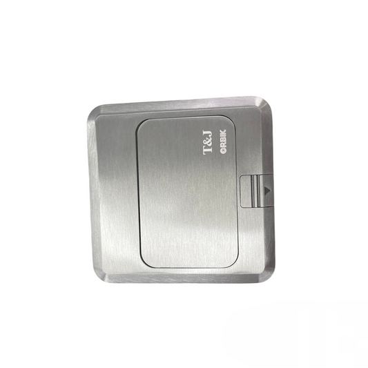 T&J Floor Universal Outlet with Telephone in brushed metal finish for power and phone connections