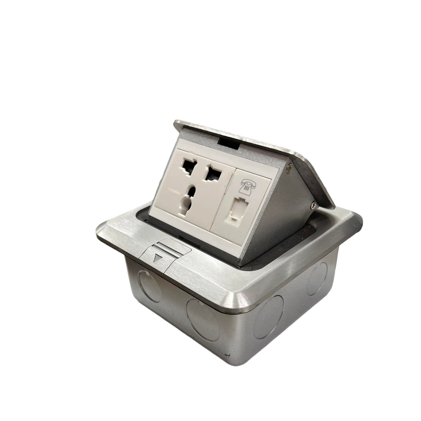 T&J Floor Universal Outlet with Telephone featuring a retractable metal cover and multiple socket types