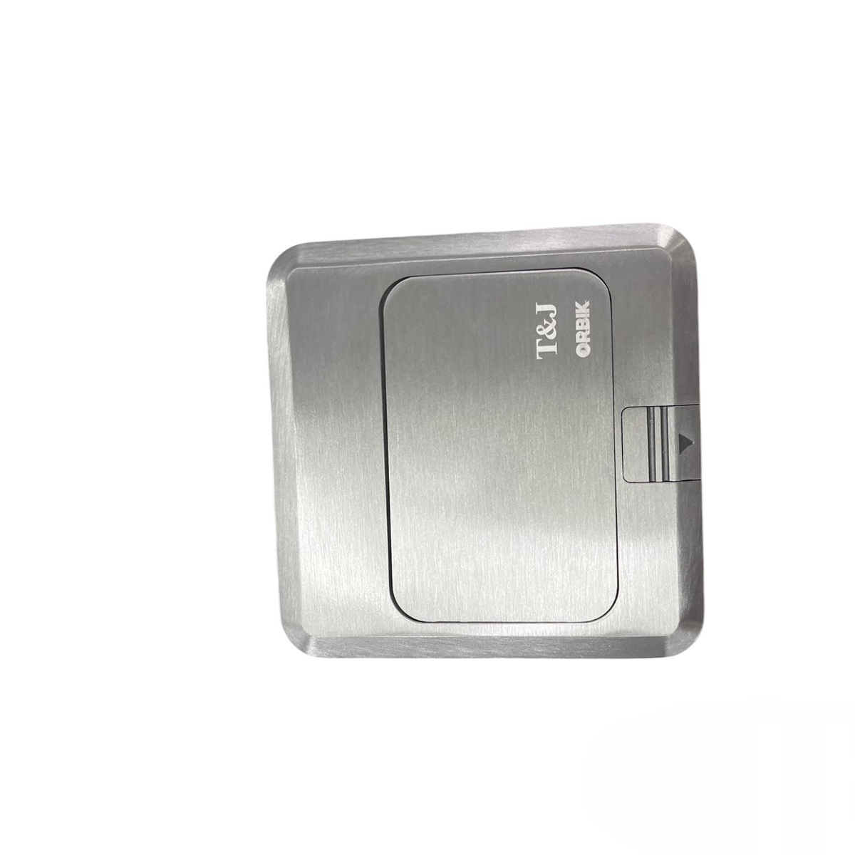 T&J Floor Universal Outlet with USB in brushed metal finish with protective cover closed