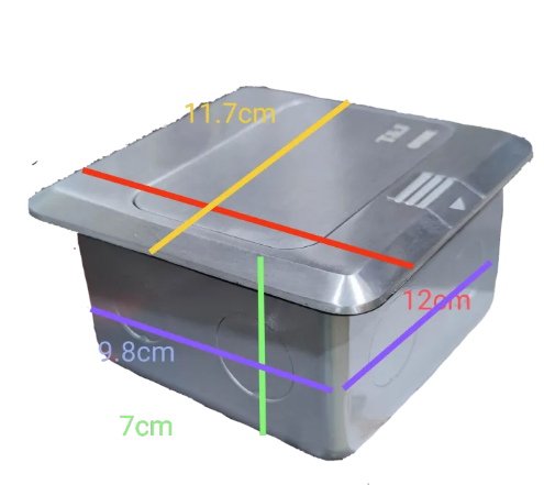T&J floor universal outlet with USB in silver with dimensions shown for power points switches and plugs