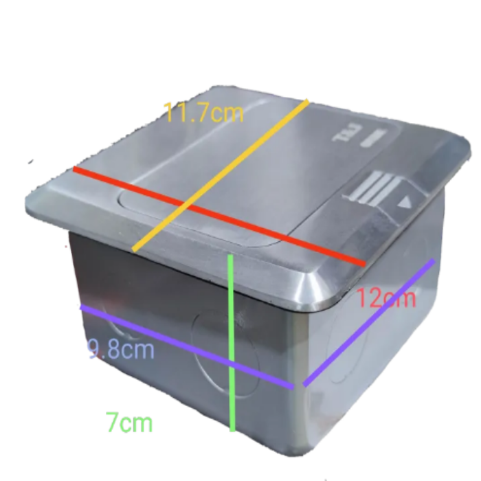 T&J floor universal outlet with USB in silver with dimensions shown for power points switches and plugs