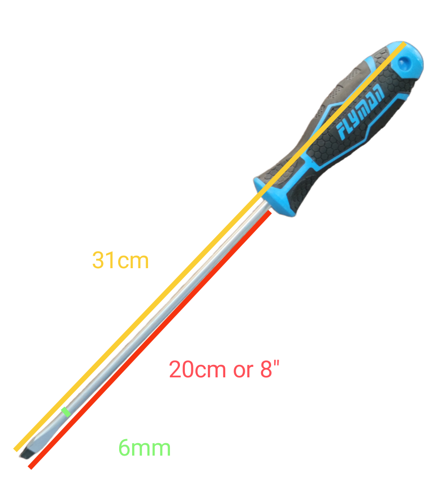 Flyman 8 Inch Screw Driver with Rubber Handle featuring a blue and black grip for comfortable use