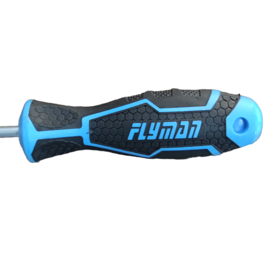 Flyman 8 Inch Screw Driver with Rubber Handle featuring ergonomic black and blue grip