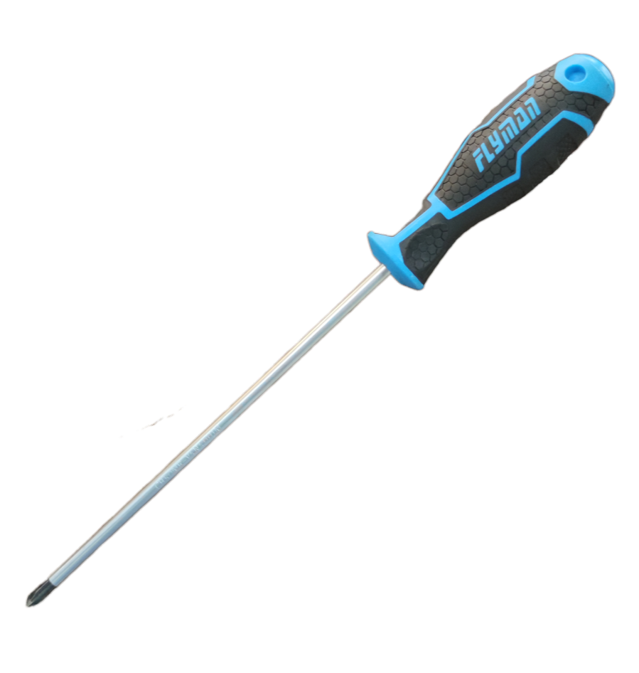 Flyman 8 Inch Screw Driver with Rubber Handle featuring blue and black grip for comfortable use