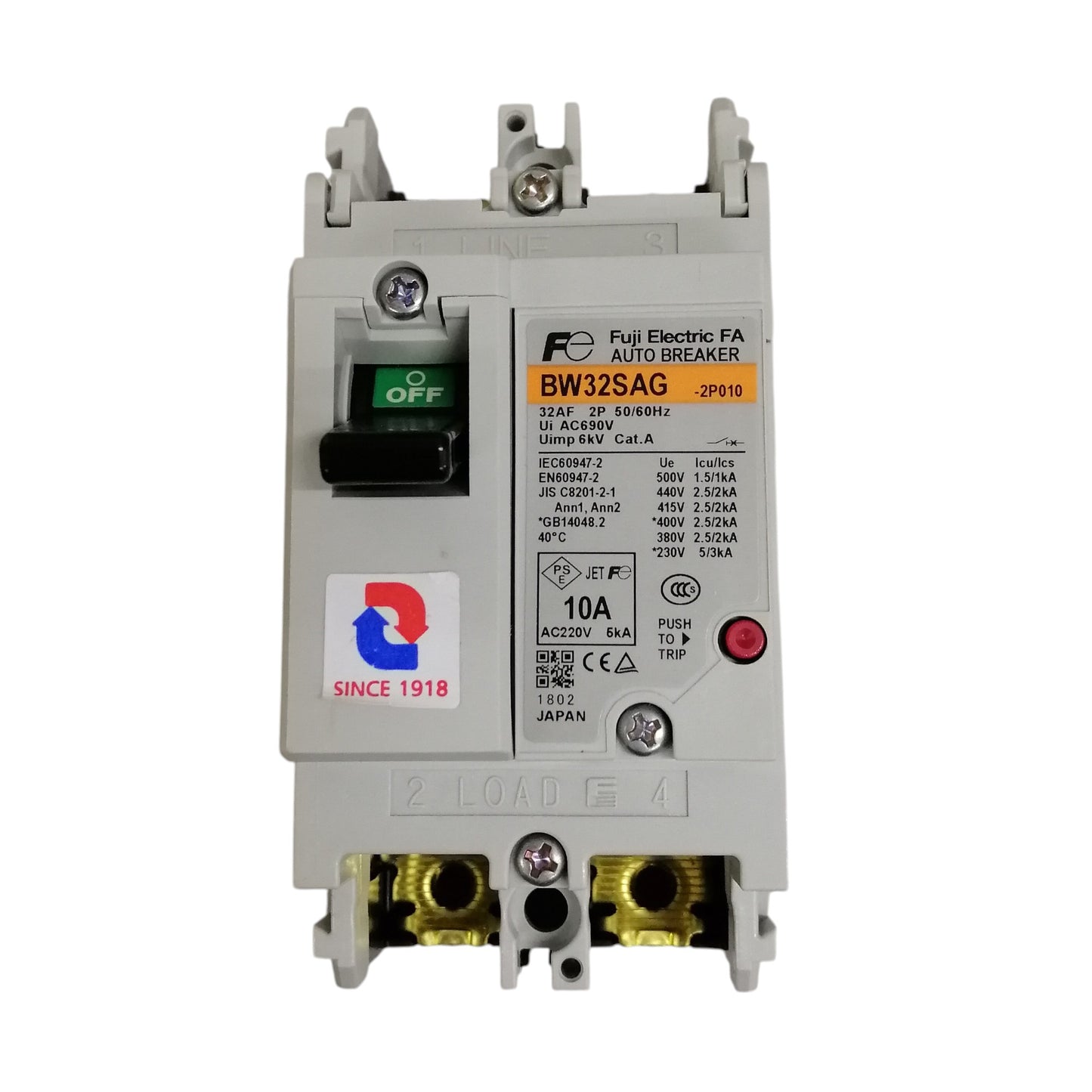 Fuji MCCB 10A 2 Pole molded case circuit breaker with green OFF switch and red trip button