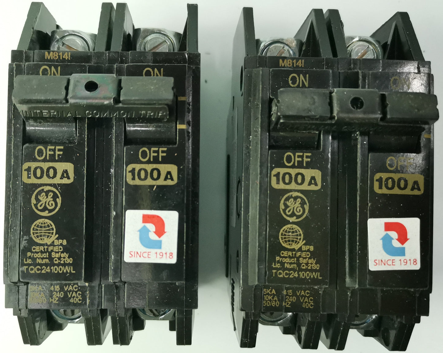 GE 100A Circuit Breaker 2 Pole black electrical component with ON OFF switch and certification labels