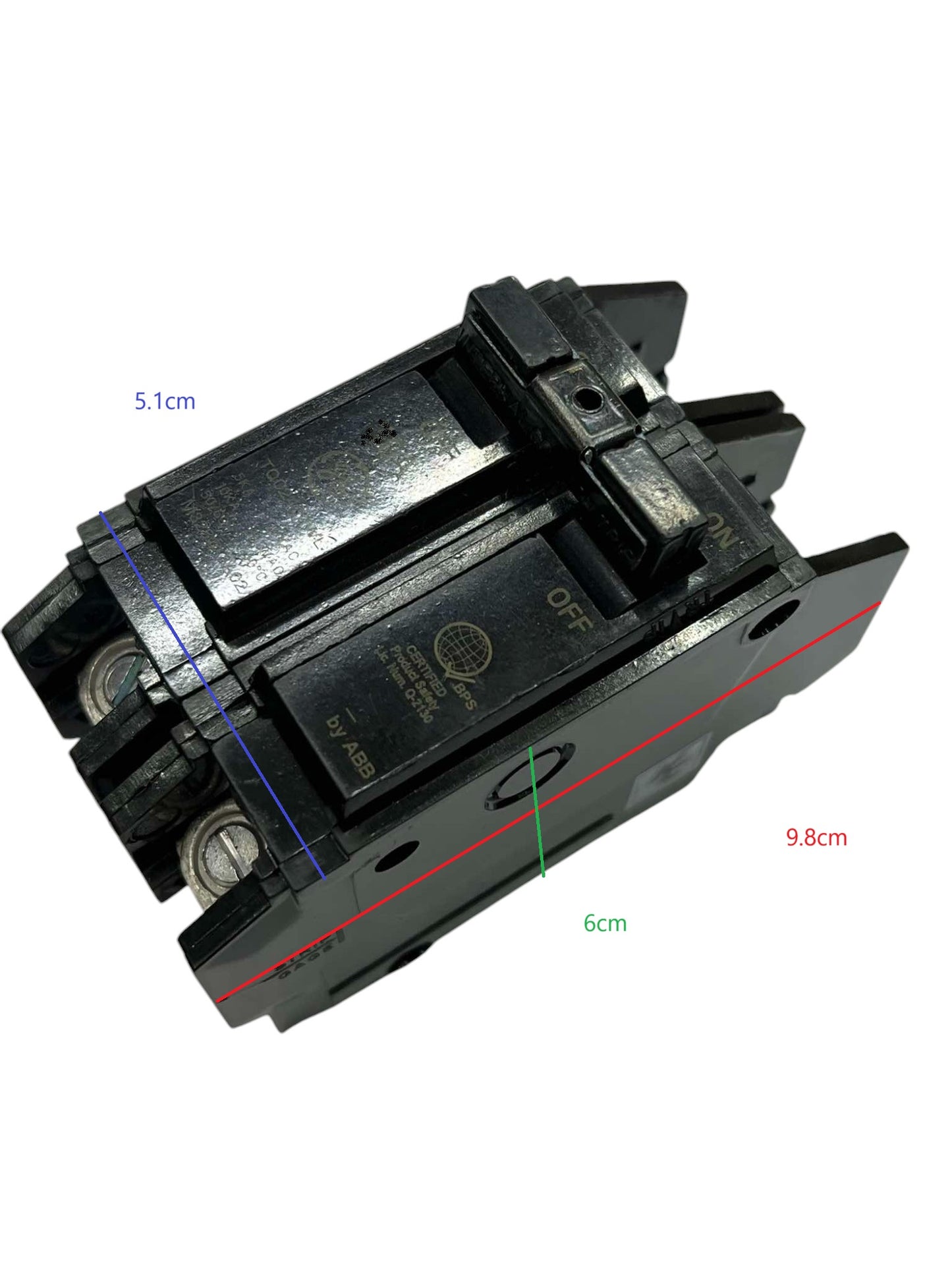 GE 100A Circuit Breaker 2 Pole black electrical component with ON OFF switch and metal terminals