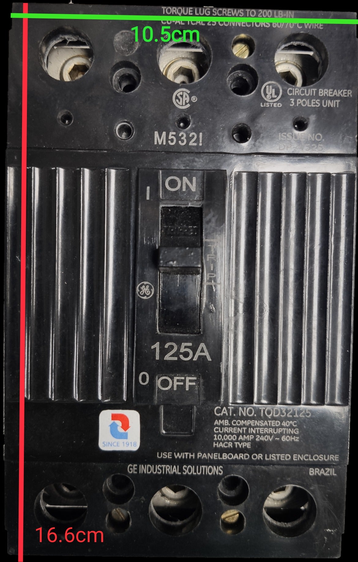 GE 125A Circuit Breaker 3 Pole 220V black industrial electrical part with switch and labeling