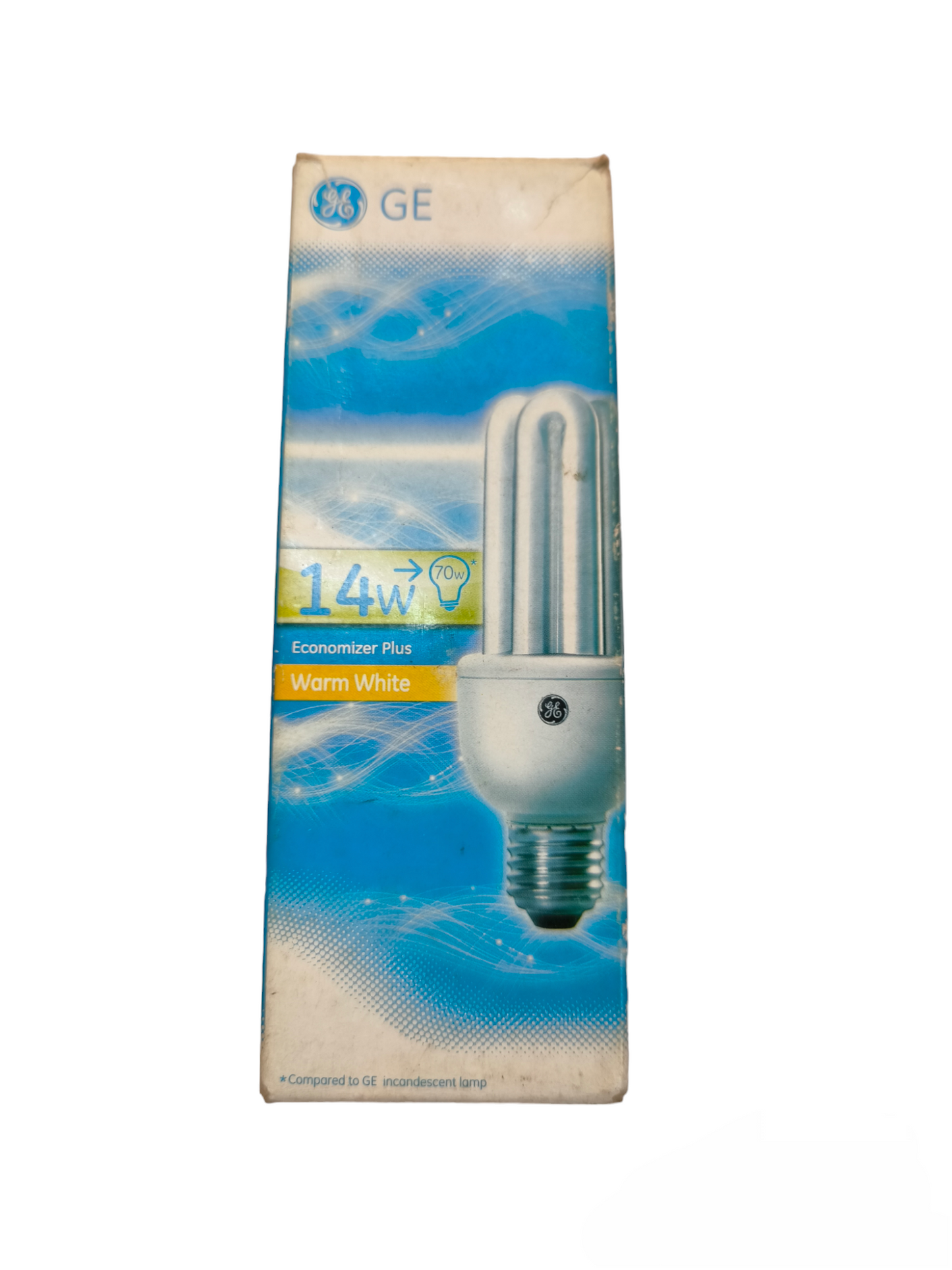 GE 14W CFL Warm White E27 220V compact fluorescent bulb packaging showing bulb image and product details