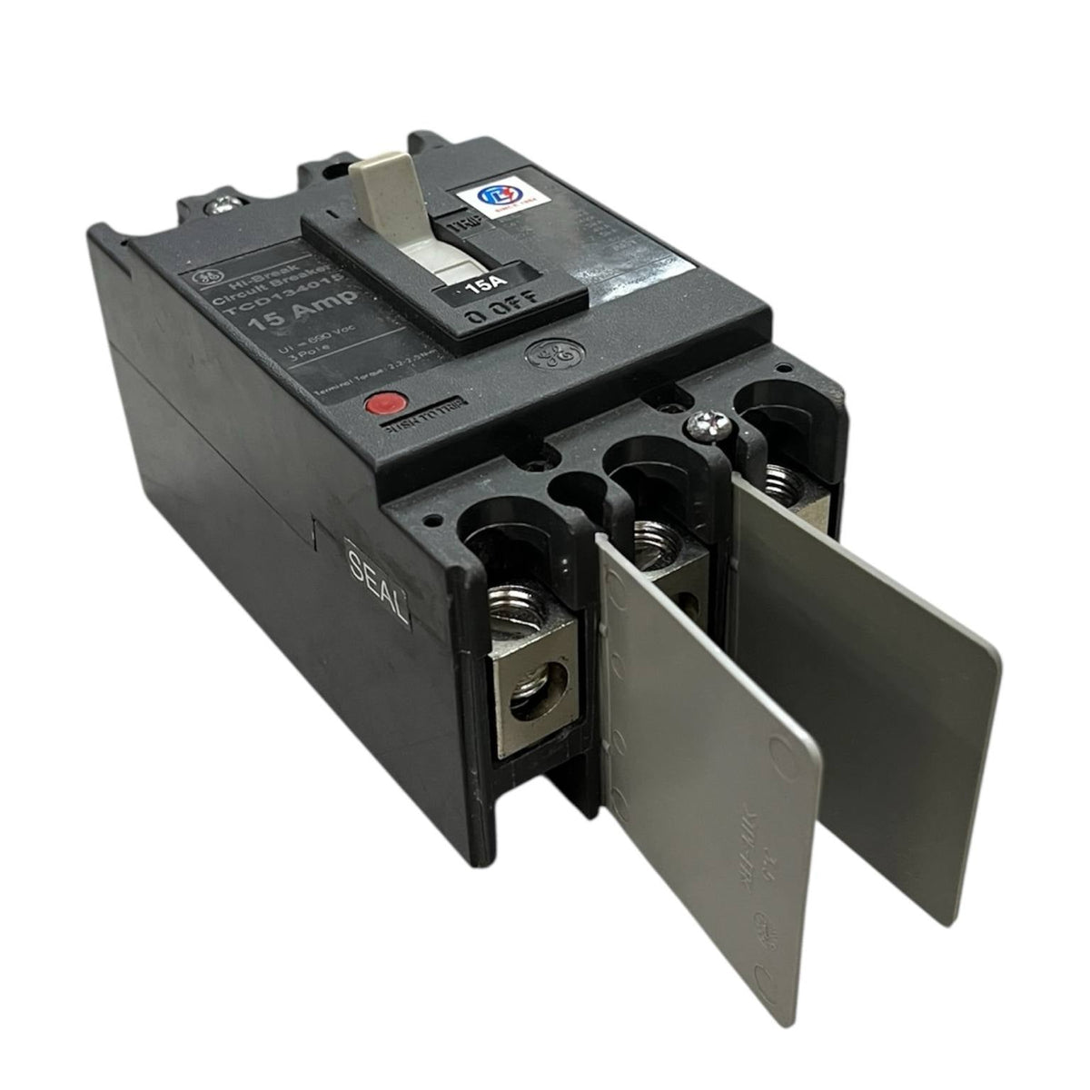 GE 15A 3Pole Industrial Circuit Breaker 220V with black housing and silver connectors