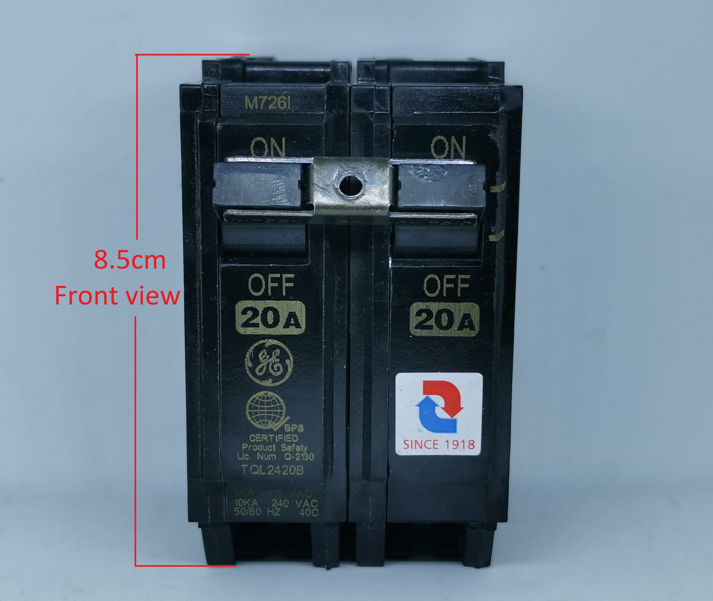 GE 20A 2P Plug in 20A 2P Circuit Breakers black electrical component with ON OFF switch