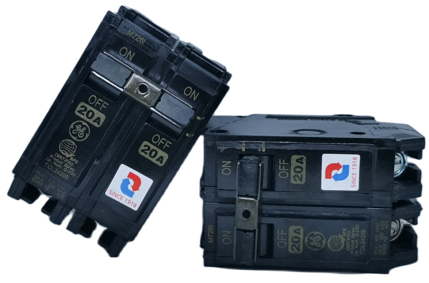 GE 20A 2P Plug in 20A 2P Circuit Breakers with black casing and ON OFF switches