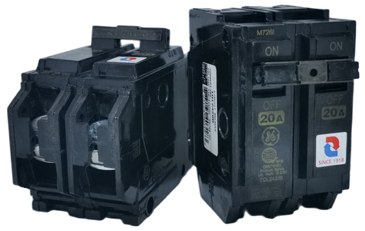 GE 20A 2P Plug in 20A 2P Circuit Breakers with black plastic housing and on off switches