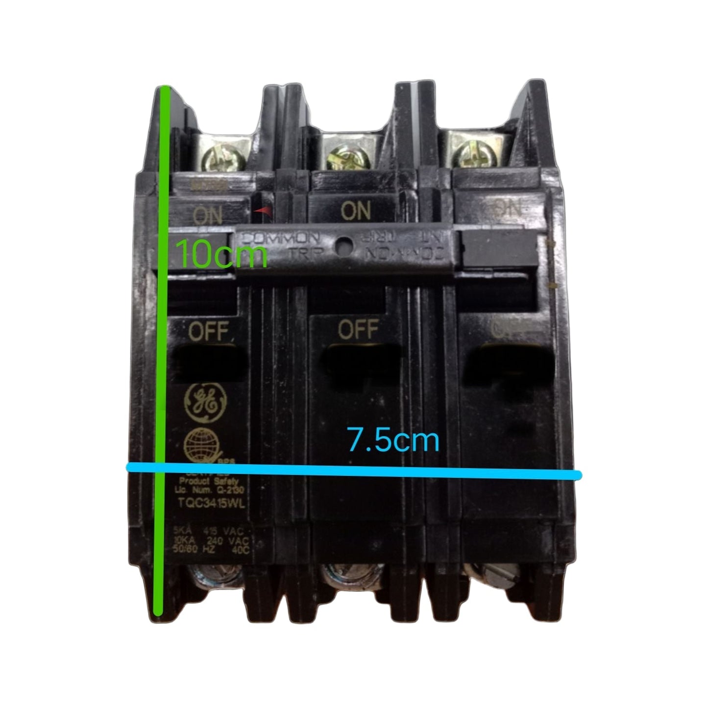 GE 30A 3 Pole Circuit Breaker Bolt-on black three pole breaker with ON OFF toggles and measurement markings