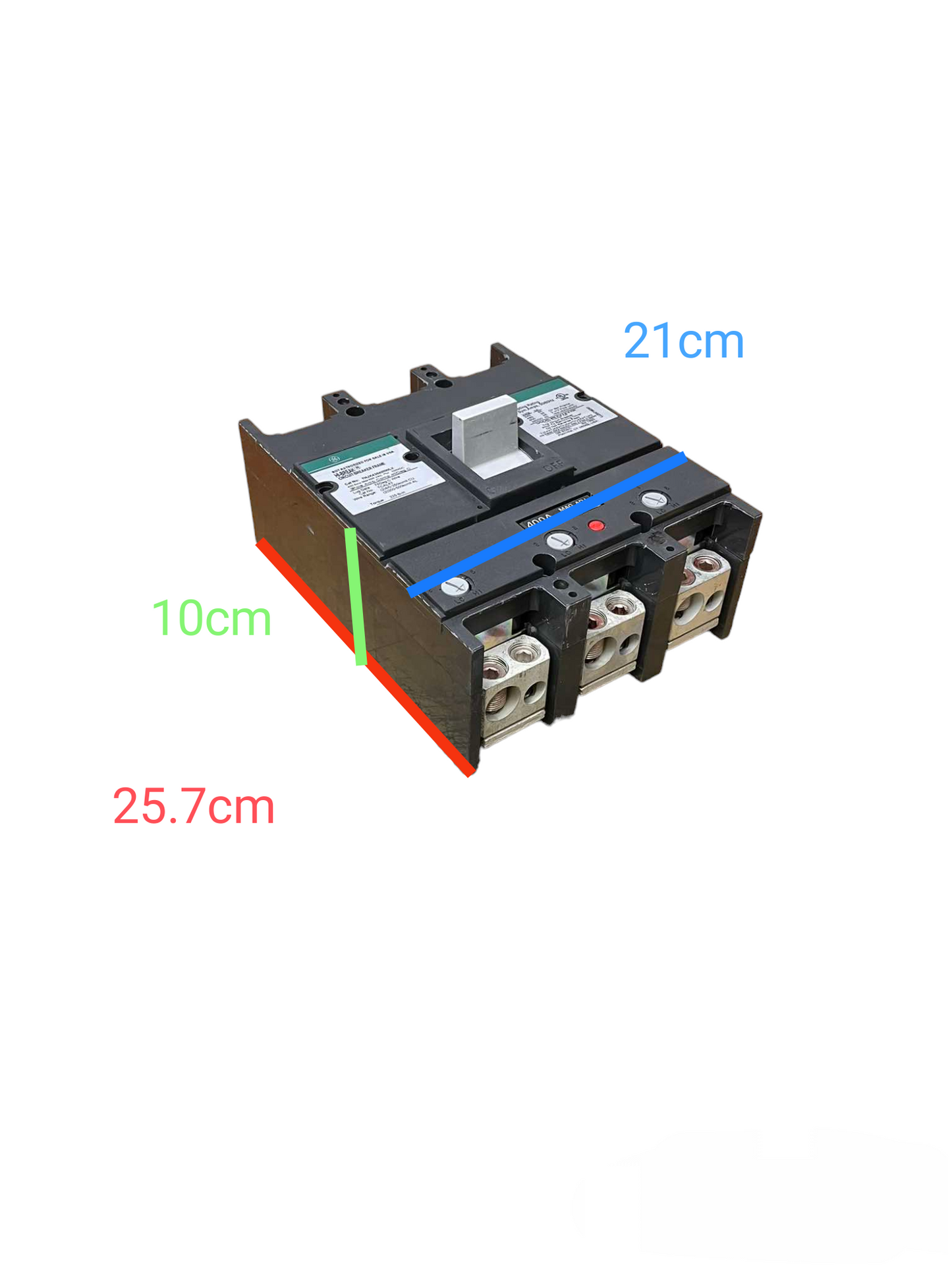 GE 400A 3 Pole Industrial Circuit Breaker with black body and three connection terminals