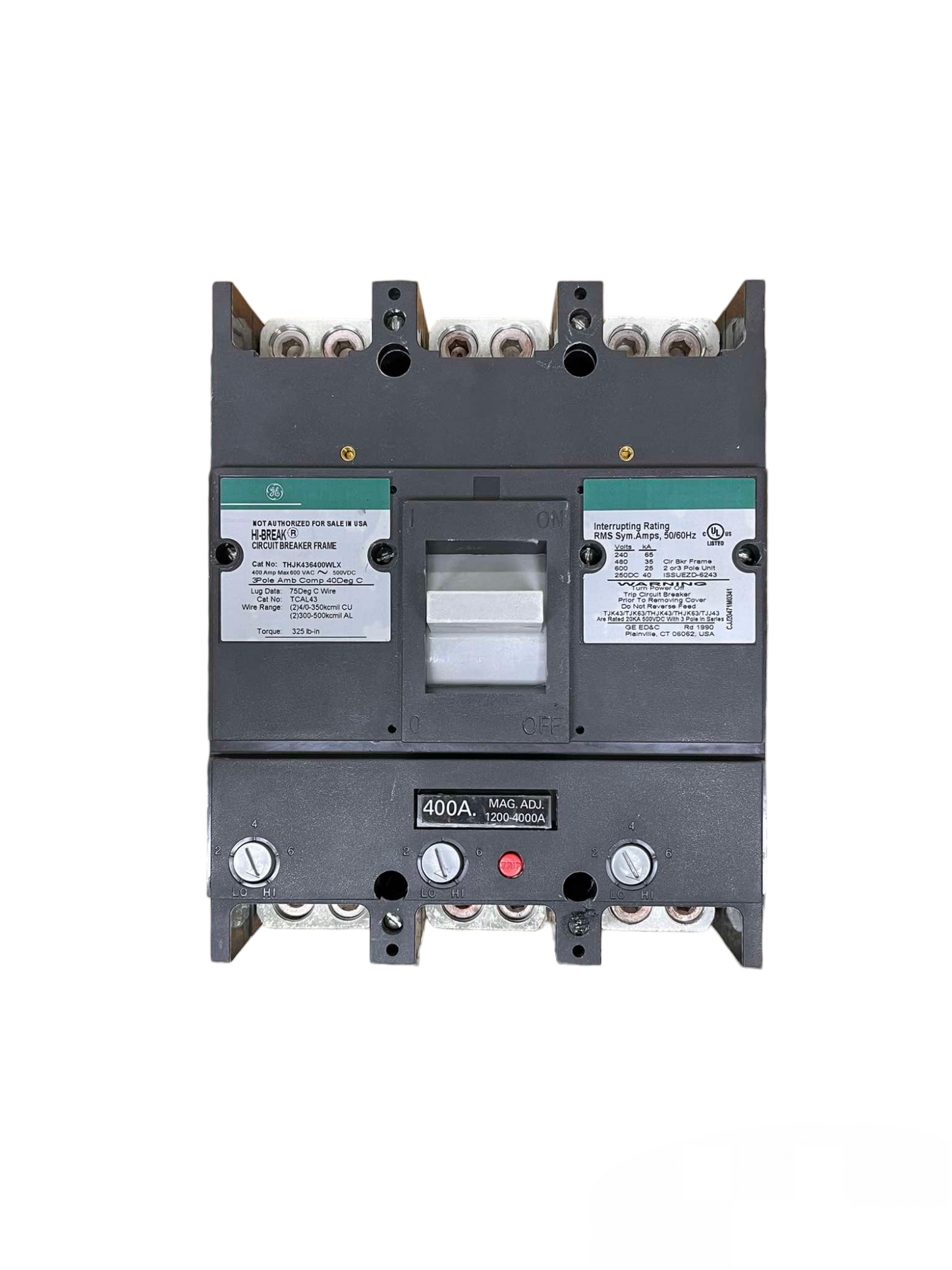 GE 400A 3 Pole Industrial Circuit Breaker electrical component with switch and labeling