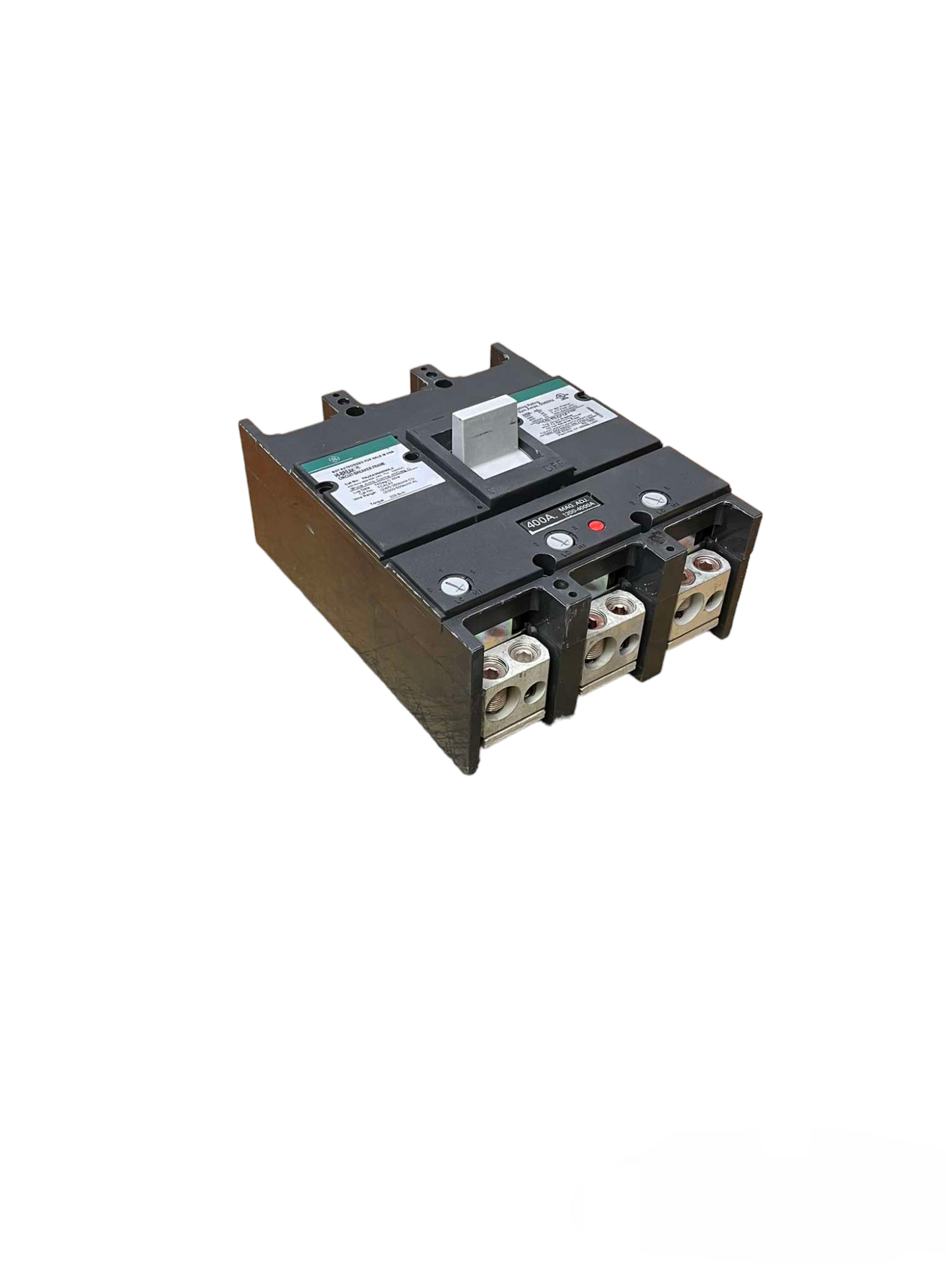 GE 400A 3 Pole Industrial Circuit Breaker with black casing and white toggle switch