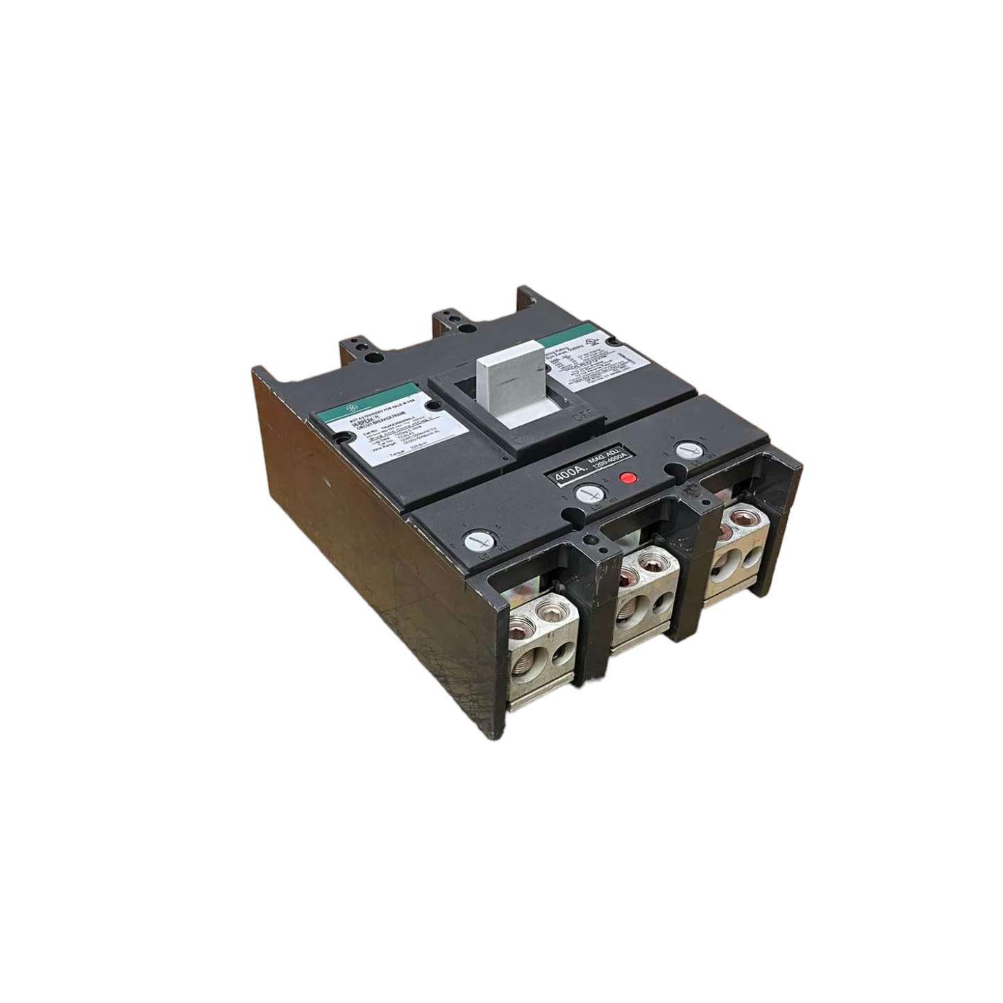 GE 400A 3 Pole Industrial Circuit Breaker with black casing and white toggle switch
