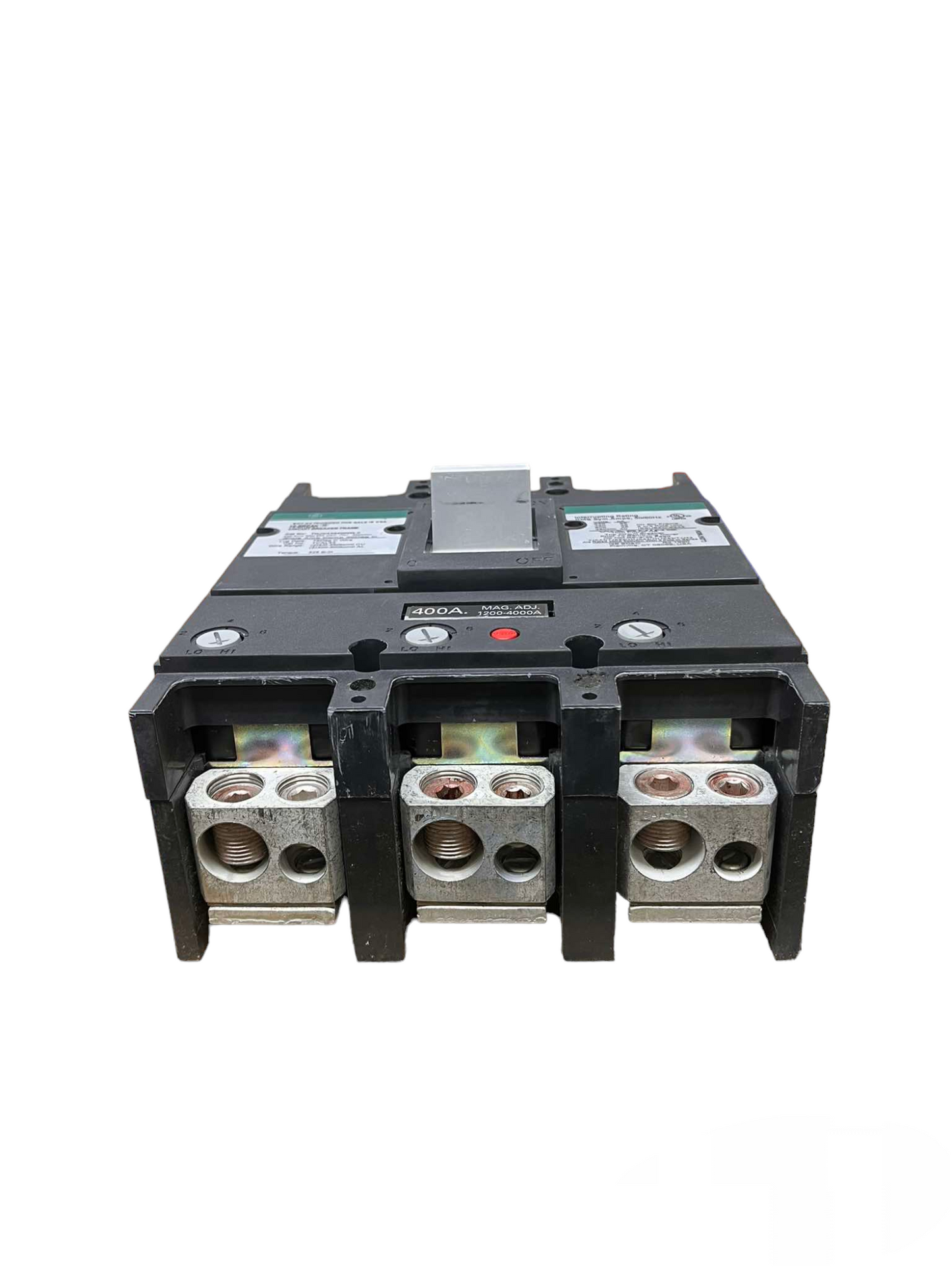 GE 400A 3 Pole Industrial Circuit Breaker with durable metal connectors and black casing