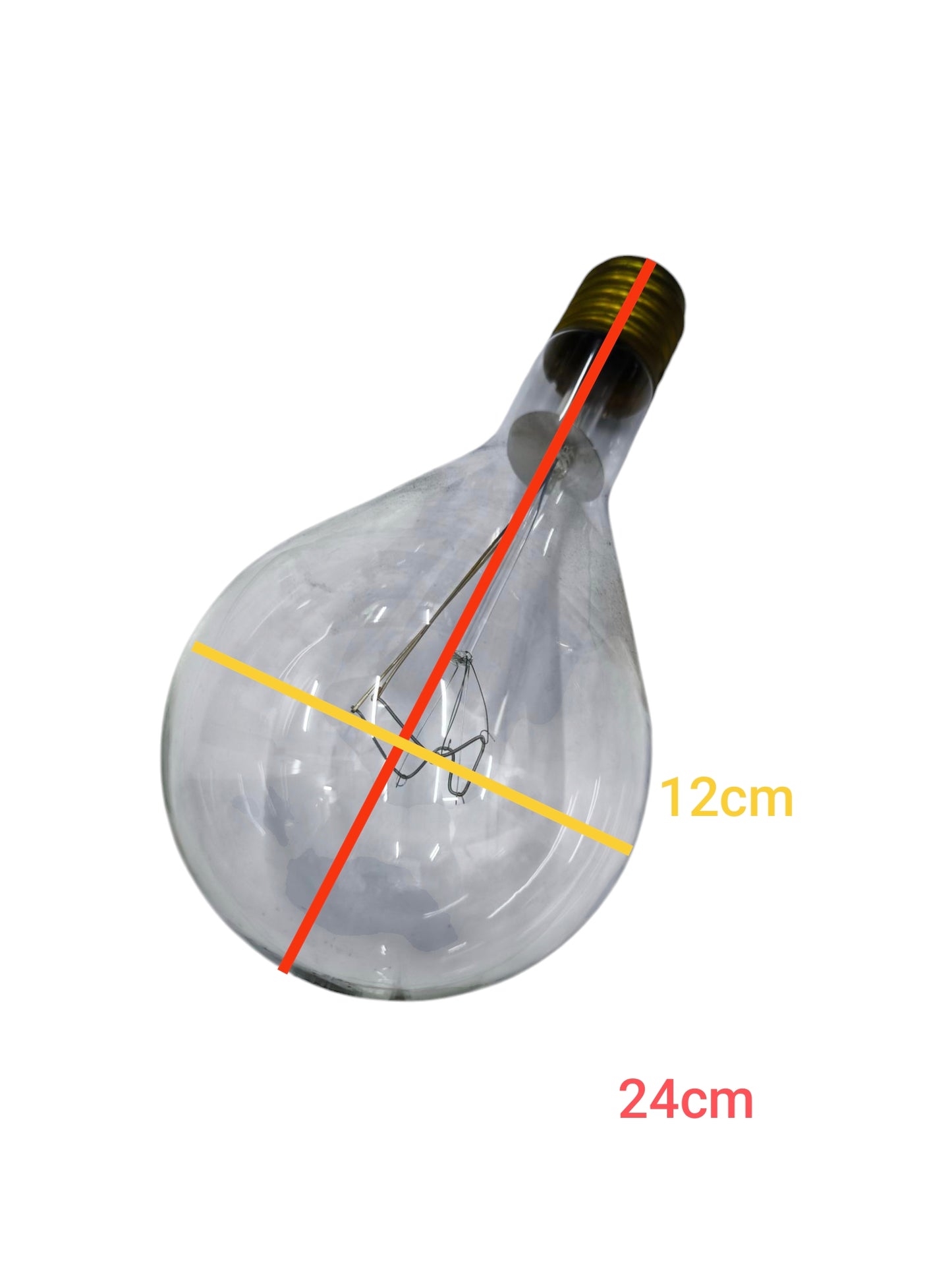 Clear GE 500W incandescent lamp with visible filament and metal screw base showing dimensions