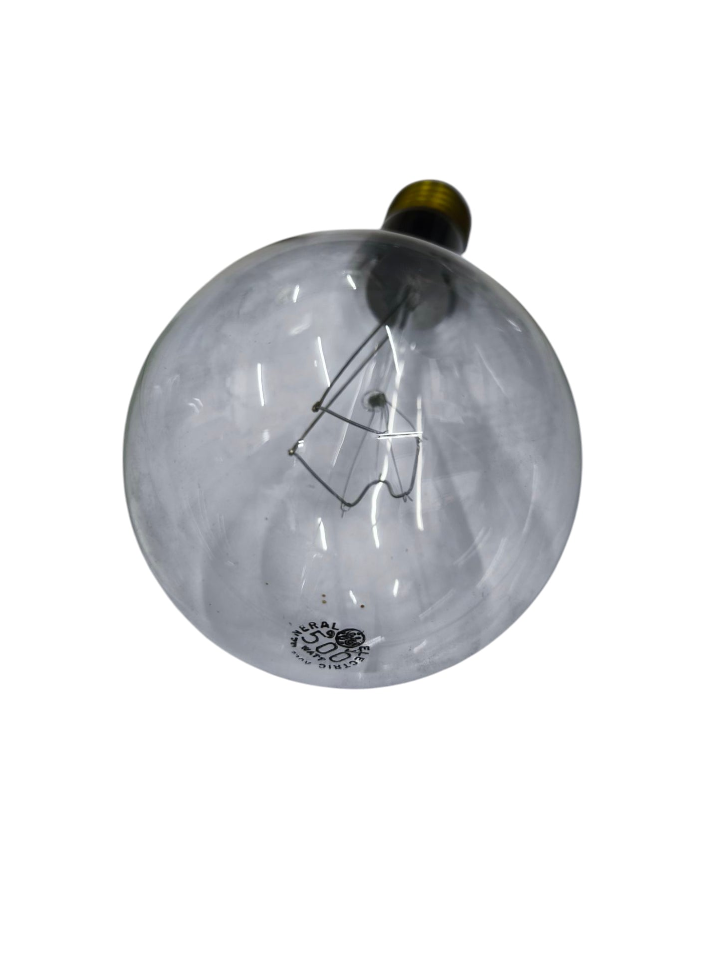 GE 500W incandescent lamp clear round bulb with visible filament and brass base