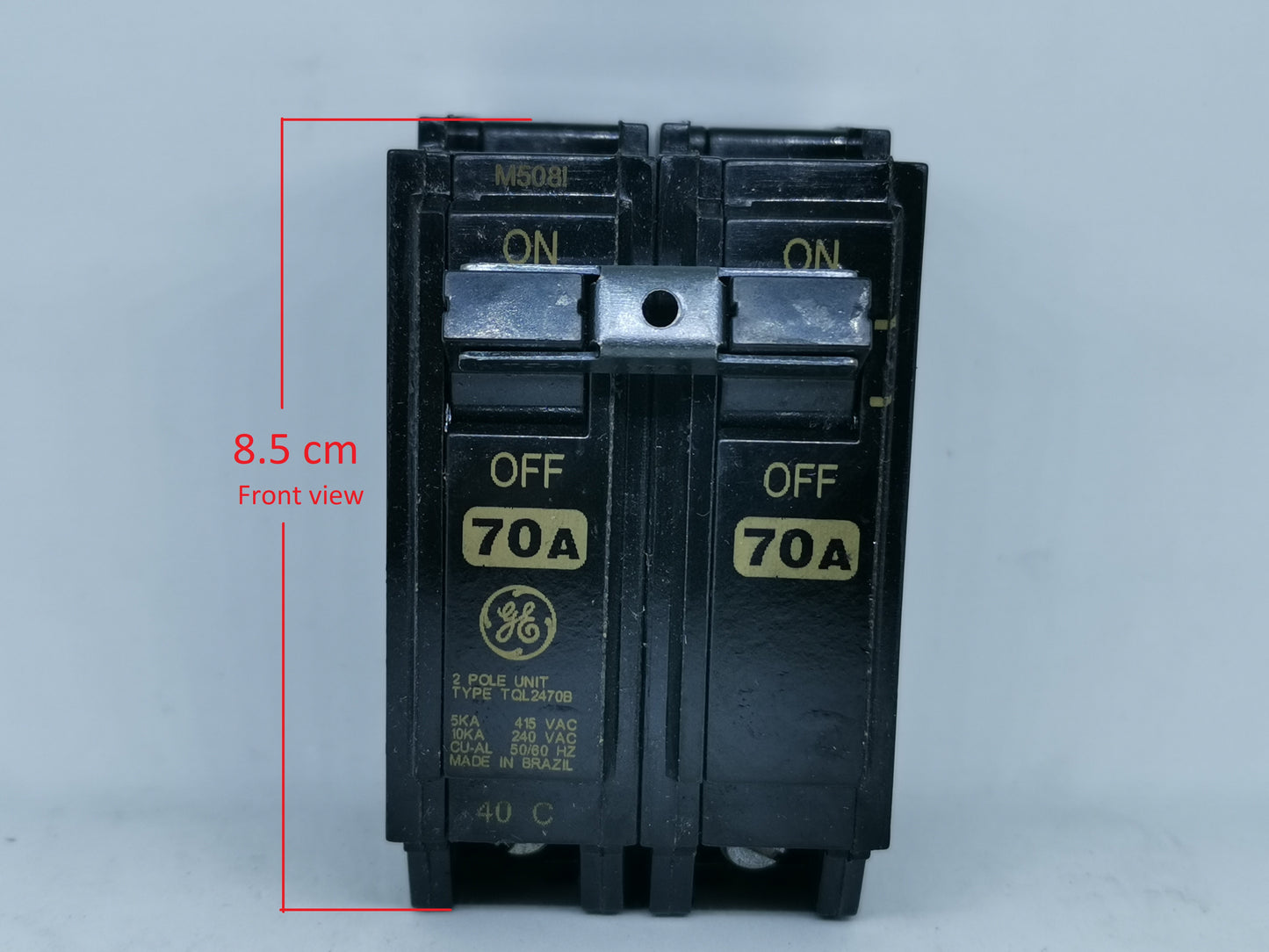 GE 70A Circuit Breaker 2 Pole Single Phase black electrical component with ON OFF switches