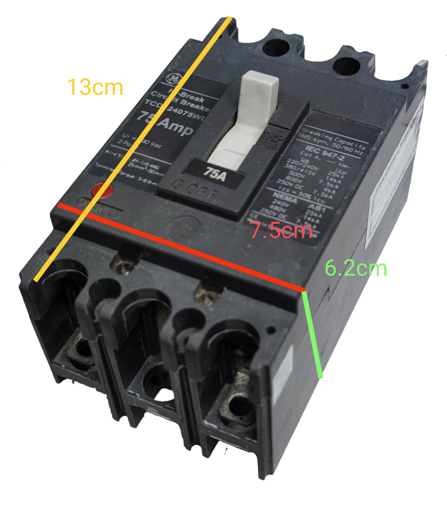 GE 75A 2 Pole Industrial Circuit Breaker with 75 amp rating and black compact design
