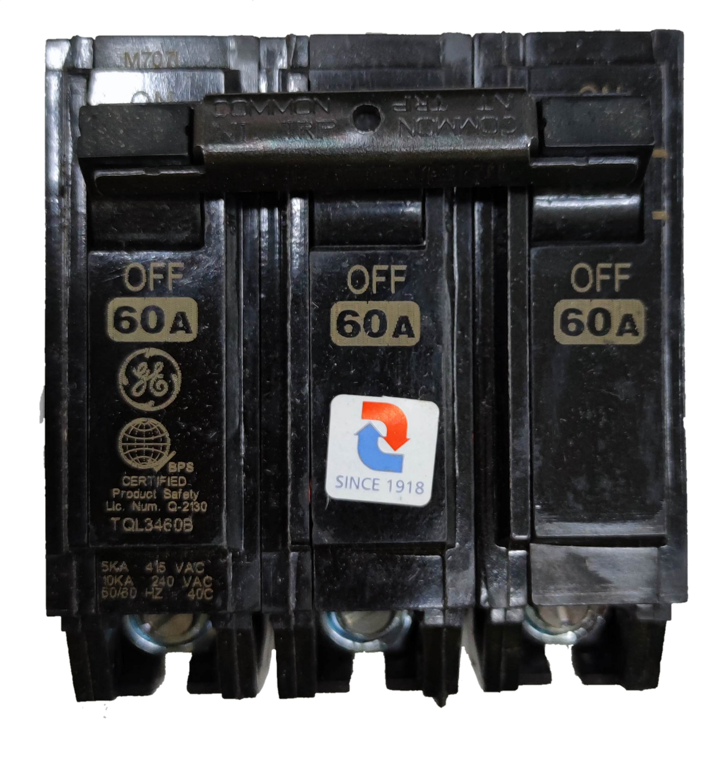 GE circuit breaker 15 amp 3 pole with three switches and safety certifications for electrical systems