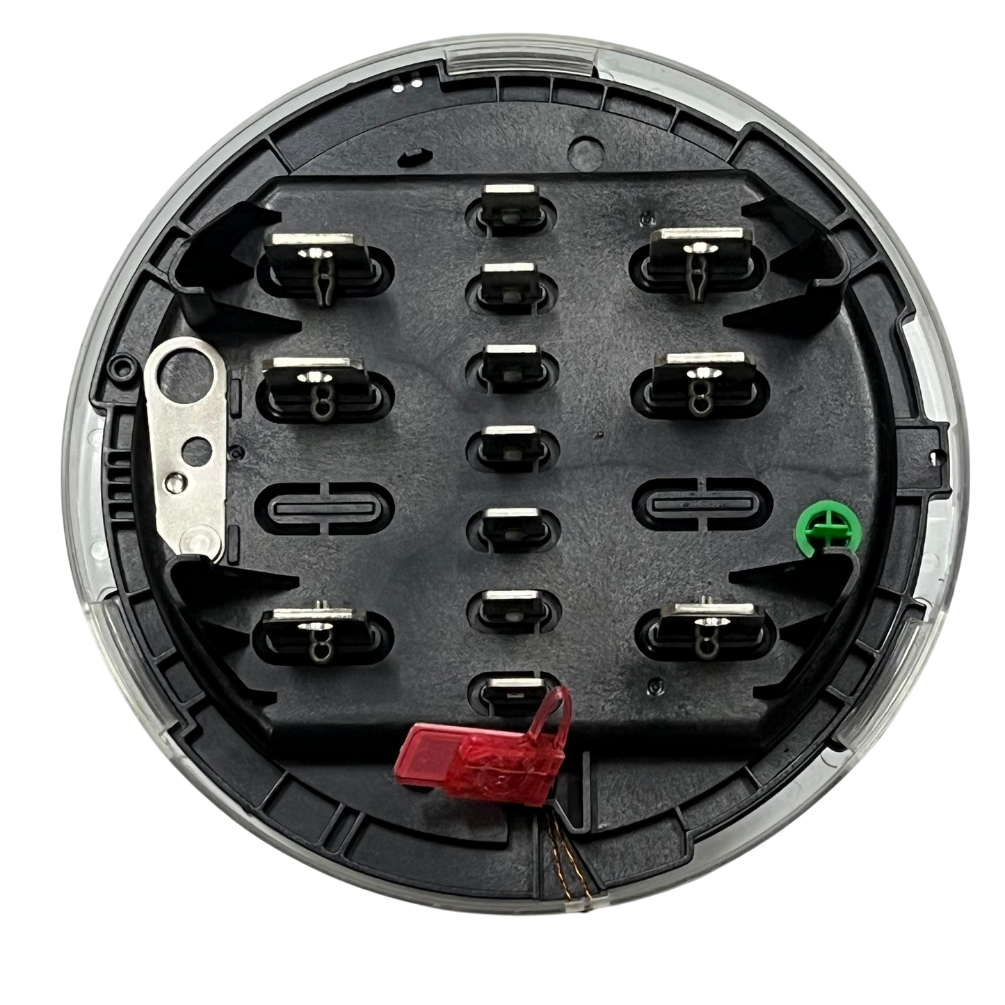 GE KV2C FM9S KWH Electric Meter component showing black circular base with metal connectors and red seal