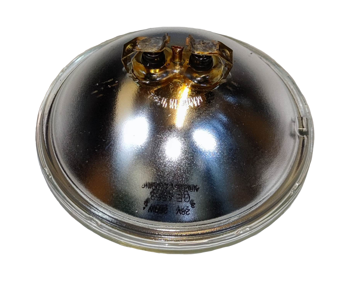 GE sealed beam spotlight 28V 250W with a reflective silver dome for bright lighting