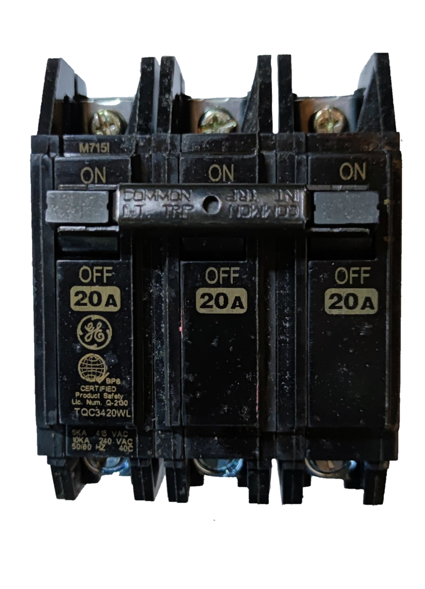 GE TQC 20A 3P Bolt On Circuit Breakers black three pole bolt on 20A breaker with ON OFF toggles